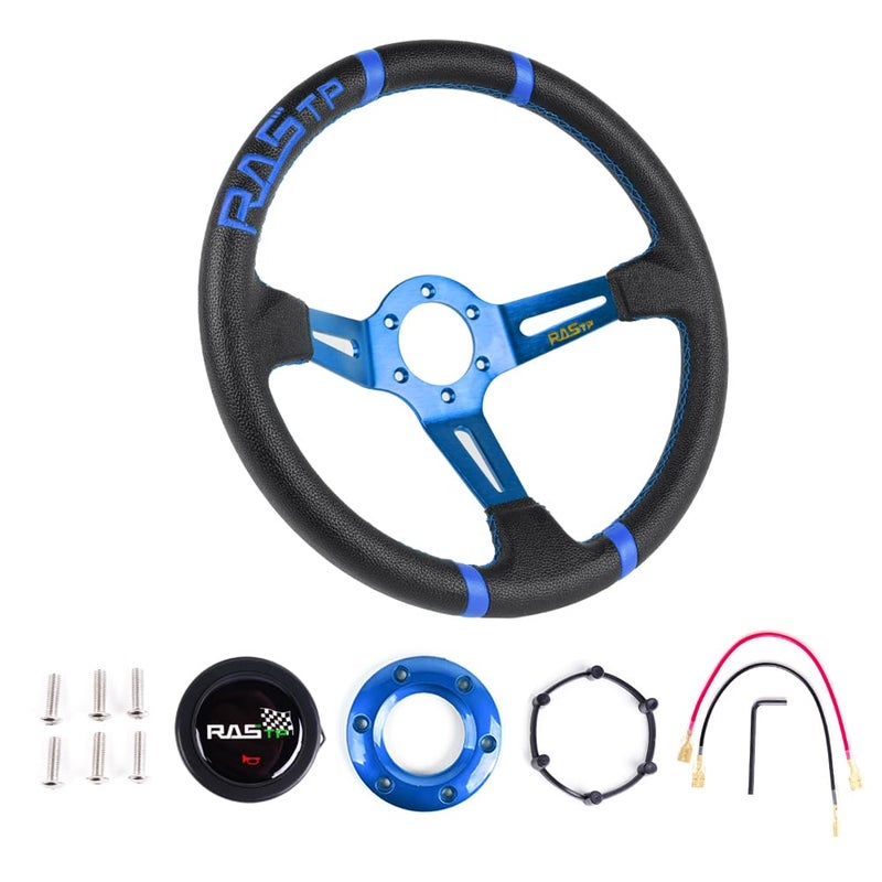 RASTP Universal Racing Steering Wheel,Deep Dish Steering Wheel Leather Embroidery 13.58â€/345mm 6 Bolts with Horn Button Include Cable, Wrench,Blue - Image 2